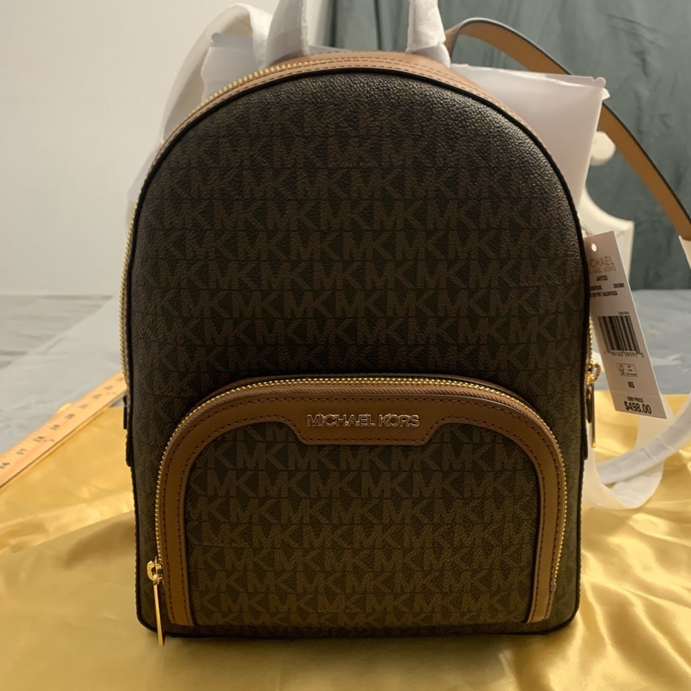 Michael Kors Jaycee Medium Brown Backpack with Monogram Pattern and Gold Zippers